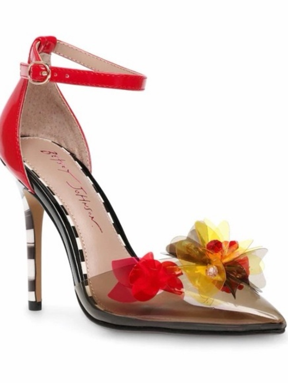 Betsey Johnson Red Floral Clear Pointed Toe Ankle-Strap Pump